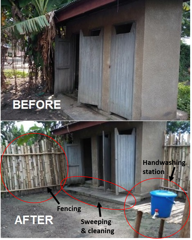 A before and after photo showing sanitation improvements at an outdoor restroom