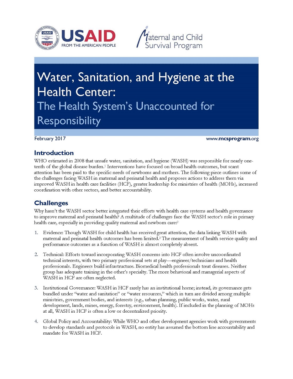 'Water, Sanitation and Hygiene at the Health Center' cover
