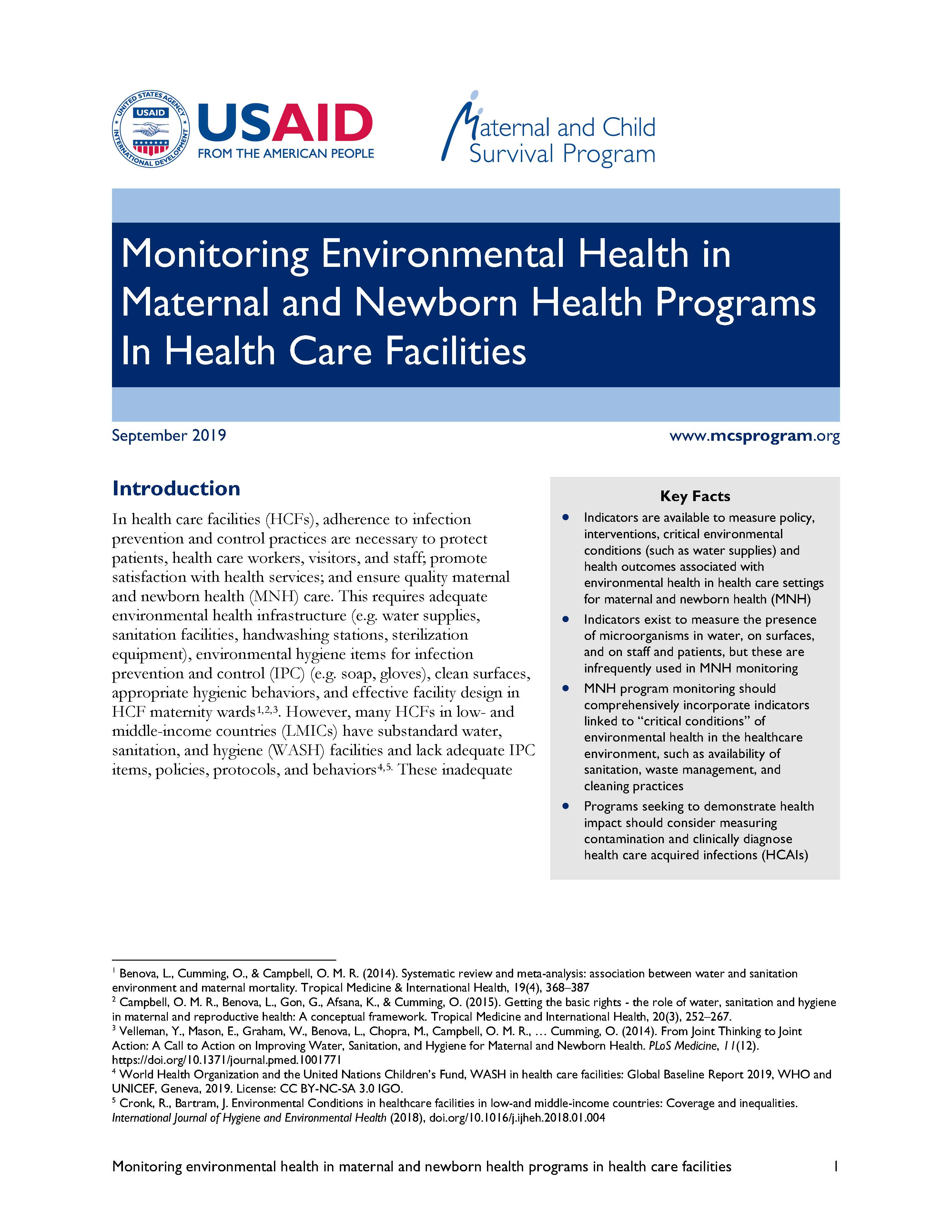 'Monitoring Environmental Health in Maternal and Newborn Health Programs In Health Care Facilities' cover